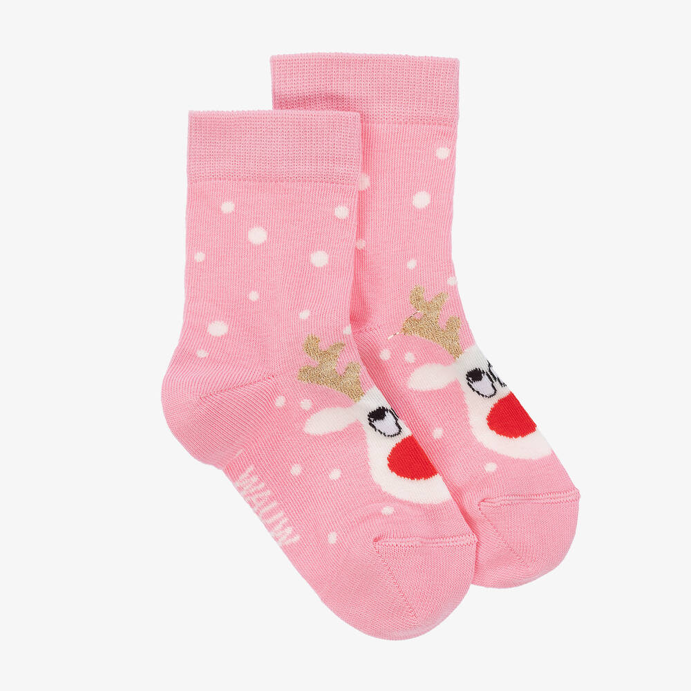 Wauw Capow - Girls Pink Organic Cotton Reindeer Socks | Childrensalon