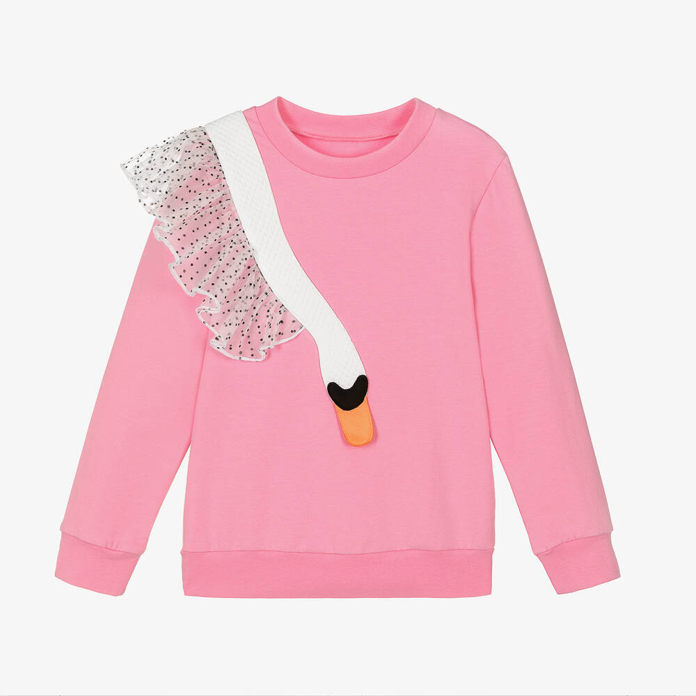 Wauw Capow - Girls Pink Organic Cotton Swan Sweatshirt | Childrensalon