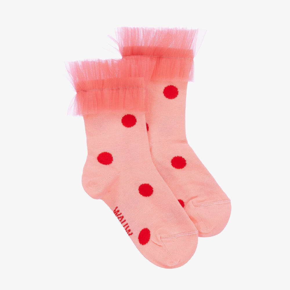 Wauw Capow - Girls Pink Polka Dot Cotton & Tulle Socks | Childrensalon