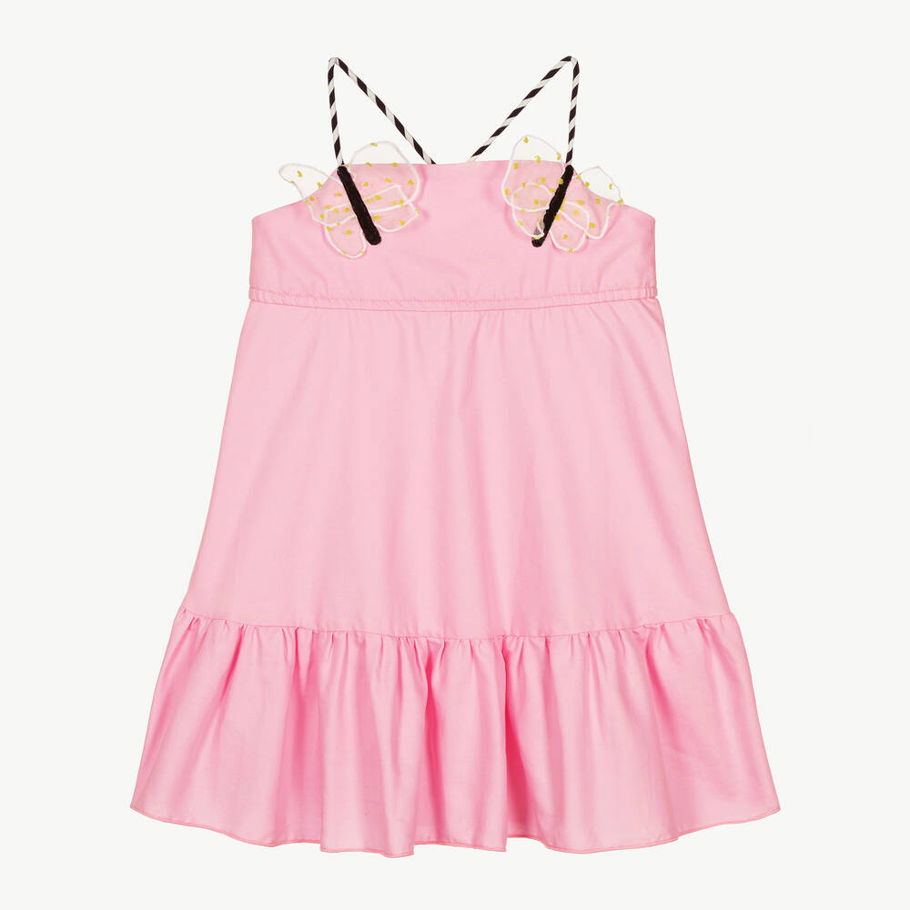 Wauw Capow - Girls Pink Tiered Cotton Butterfly Dress | Childrensalon