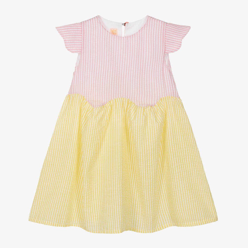 Wauw Capow - Girls Pink & Yellow Striped Cotton Dress | Childrensalon