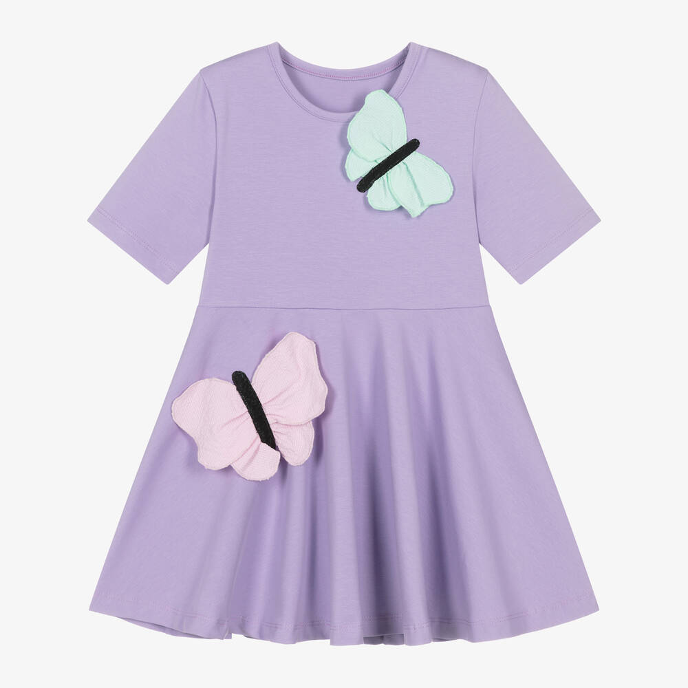 Wauw Capow - Girls Purple Organic Cotton Butterfly Dress | Childrensalon