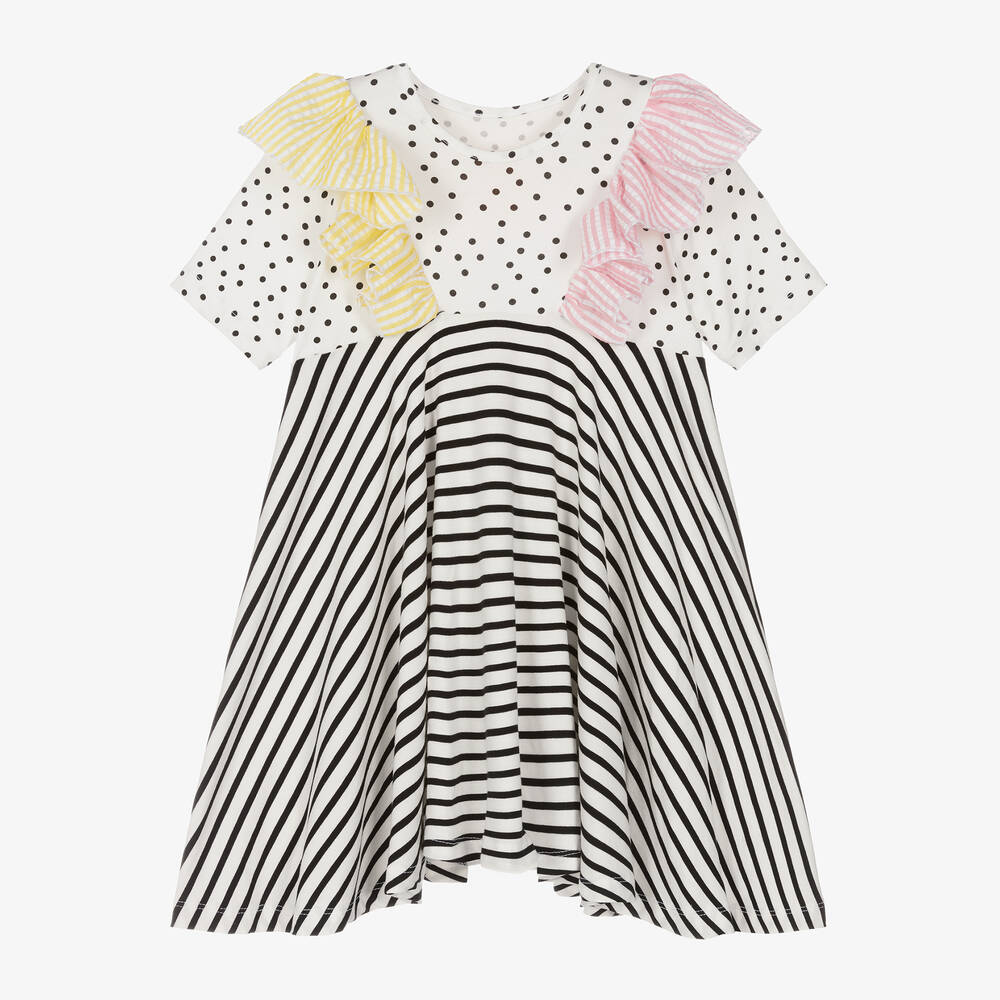 Wauw Capow Kids' Girls White Polka Dots & Stripes Dress