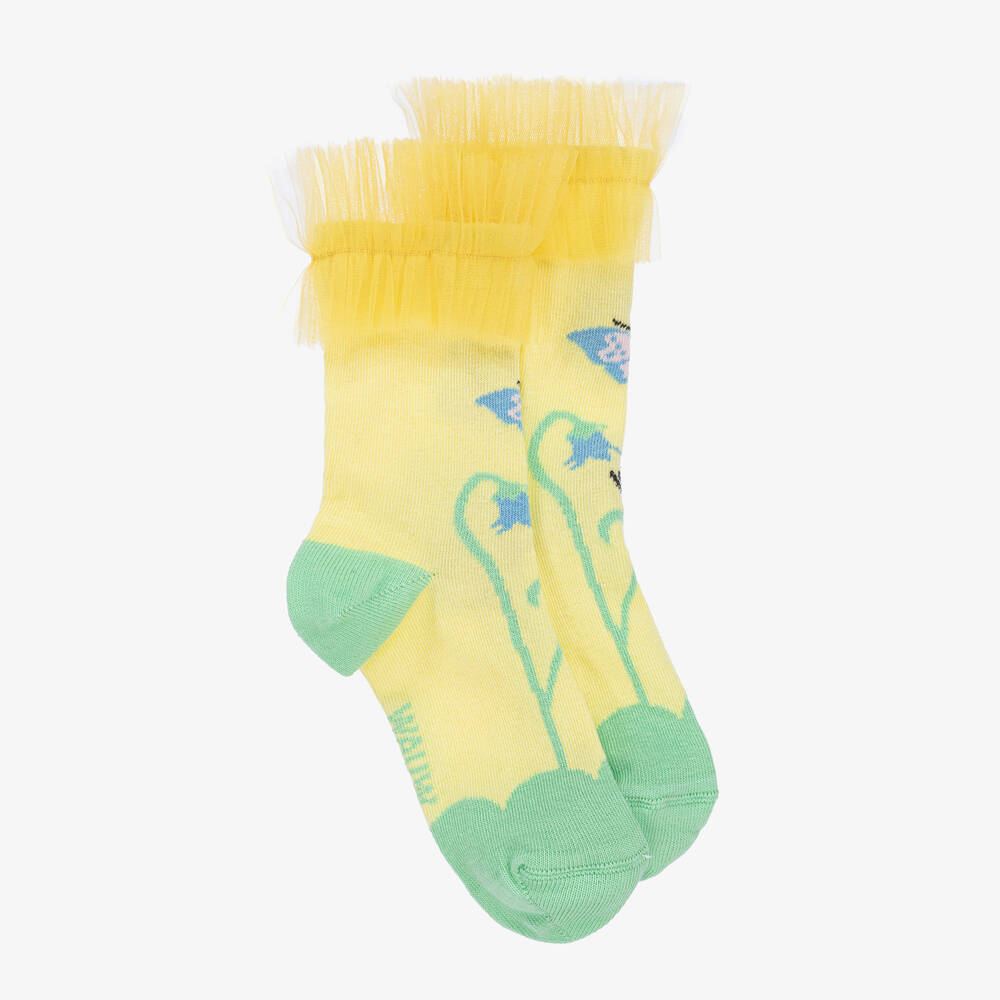 Wauw Capow - Girls Yellow Butterfly Tulle Ankle Socks  | Childrensalon