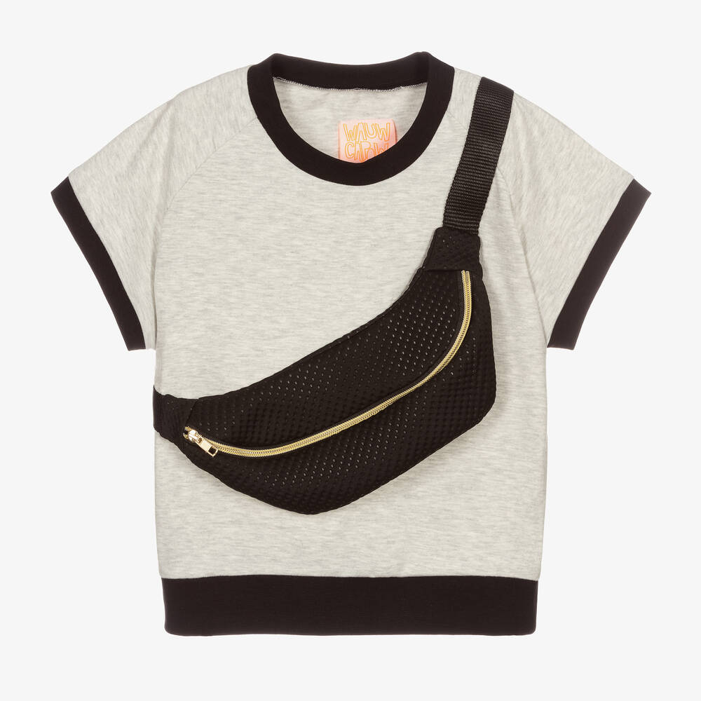 Wauw Capow - Серая хлопковая футболка с принтом-сумкой | Childrensalon