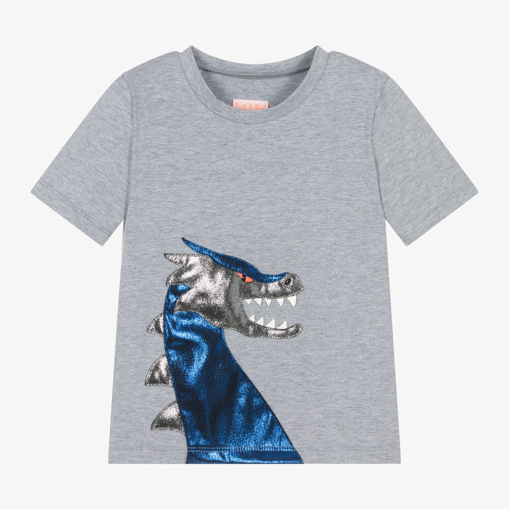 Wauw Capow - Серая меланжевая футболка из органического хлопка с драконом  | Childrensalon