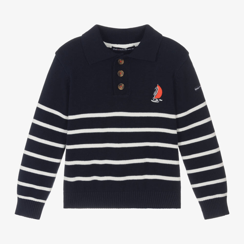 Week-end à la mer - Boys Blue Cotton Breton Stripe Sweater | Childrensalon