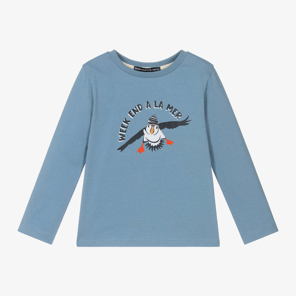 Week-end à la mer - Boys Blue Cotton Puffin Print Top | Childrensalon