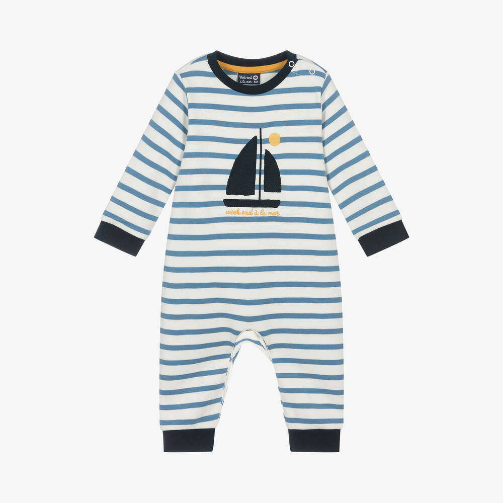 Week-end à la mer - Boys Ivory & Blue Striped Cotton Romper | Childrensalon