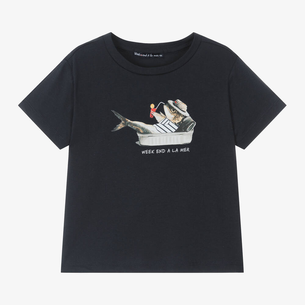 Shop Week-end À La Mer Boys Navy Blue Cotton Fish T-shirt