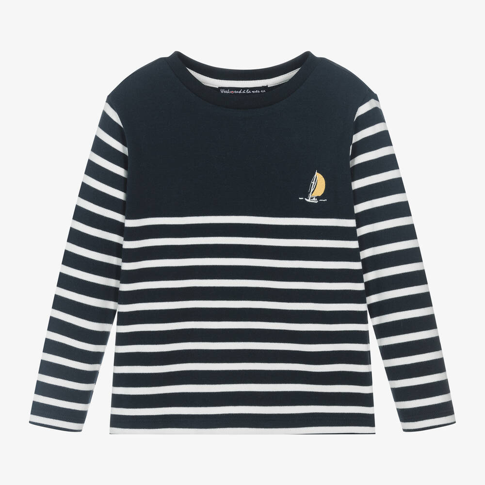 Week-end à la mer - Boys Navy Blue & White Striped Cotton Top | Childrensalon