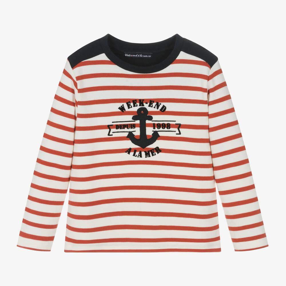 Week-end à la mer - Boys Red & Ivory Breton Striped Cotton Top | Childrensalon