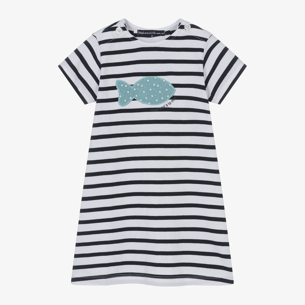 Week-end à la mer - Girls Blue Breton Stripe Cotton Dress | Childrensalon