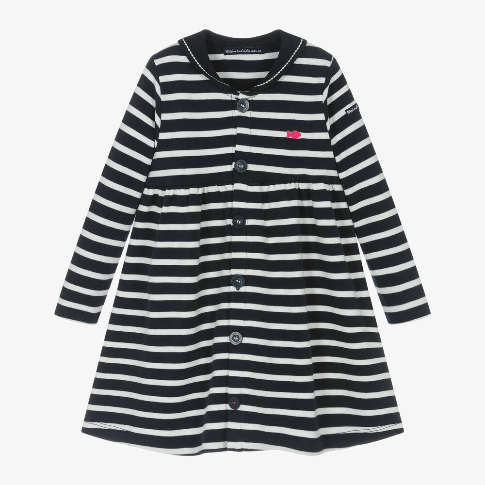 Week-end à la mer - Girls Blue Breton Stripe Cotton Sailor Dress | Childrensalon