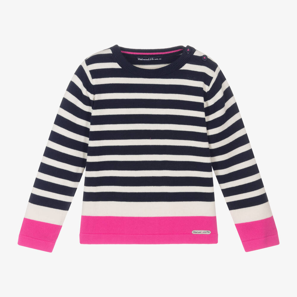 Week-end à la mer - Girls Blue Cotton Breton Stripe Sweater | Childrensalon