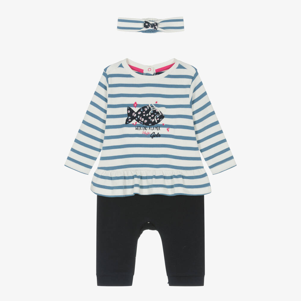 Week-end à la mer - Girls Blue Striped Cotton Babygrow Set | Childrensalon