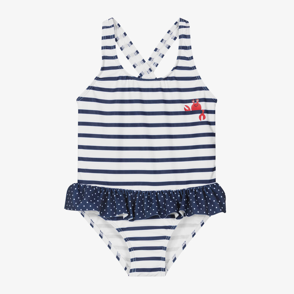 Week-end à la mer - Girls Blue & White Breton Stripe Swimsuit | Childrensalon