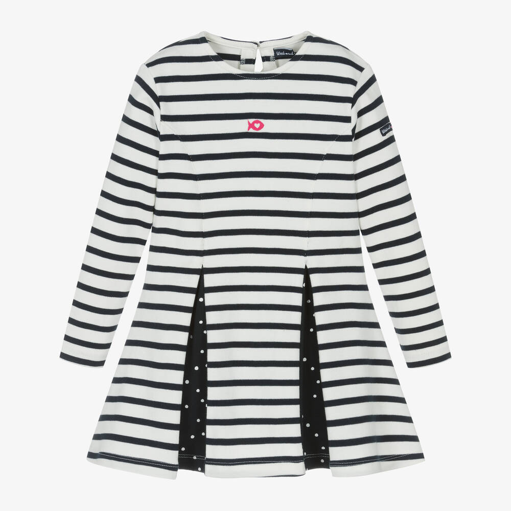 Week-end à la mer - Girls Navy Blue Breton Stripe Cotton Dress | Childrensalon