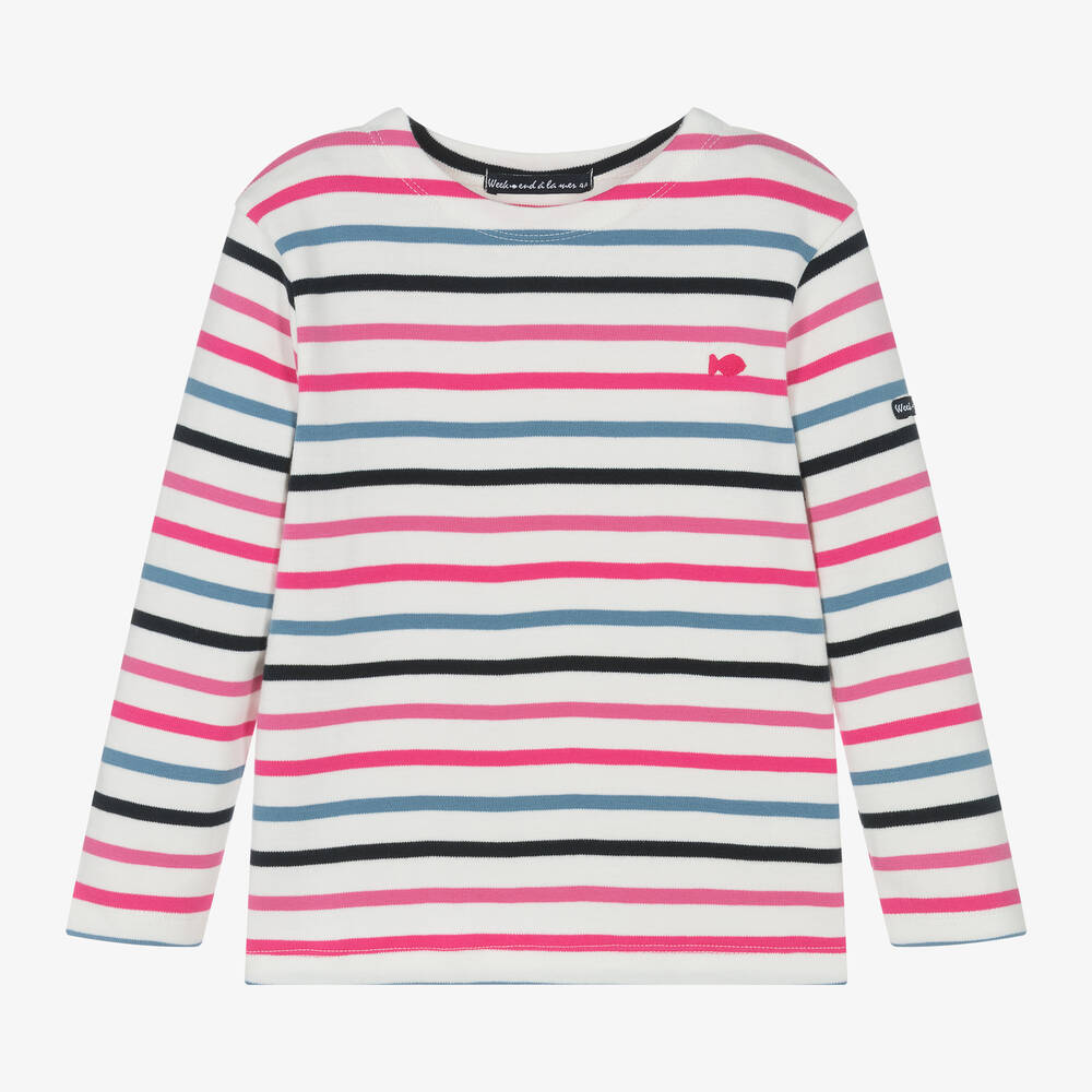 Week-end à la mer - Girls Pink & Blue Stripe Cotton Top | Childrensalon