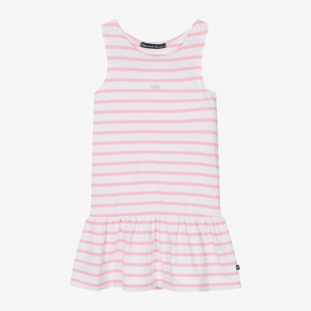 Week-end à la mer - Girls Pink Breton Stripe Cotton Dress | Childrensalon