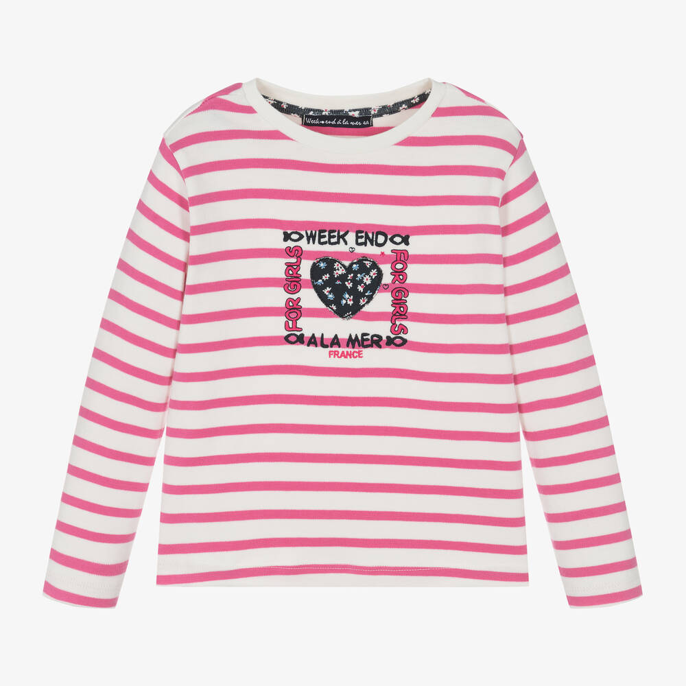 Week-end à la mer - Girls Pink Breton Striped Cotton Top | Childrensalon