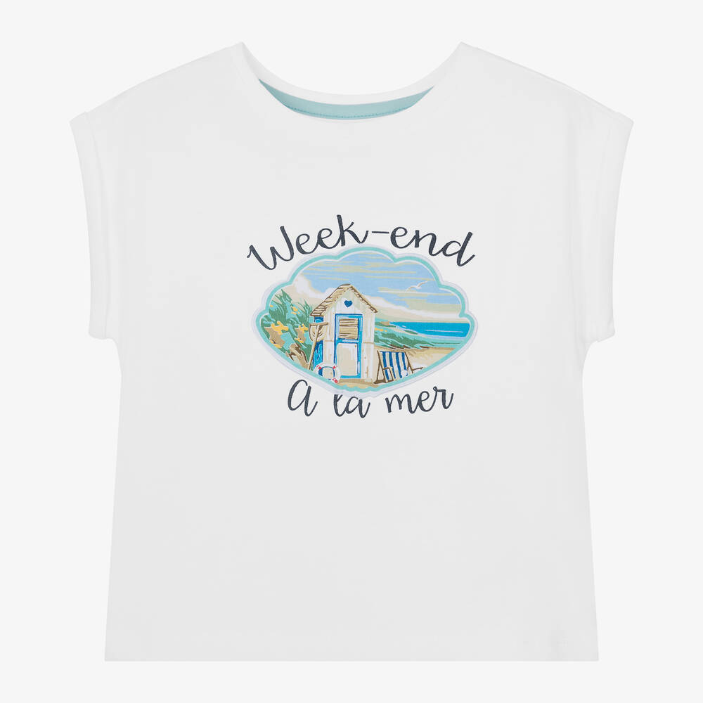 Week-end à la mer - Girls White Cotton Beach Print T-Shirt | Childrensalon