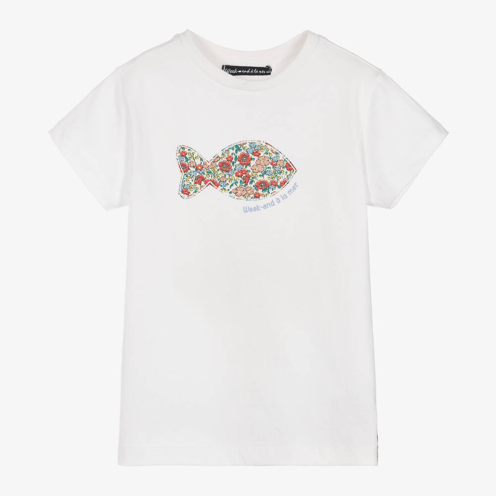 Week-end à la mer - Girls White Cotton Floral Fish T-Shirt | Childrensalon