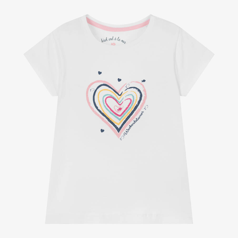 Week-end à la mer - Girls White Cotton Heart T-Shirt | Childrensalon