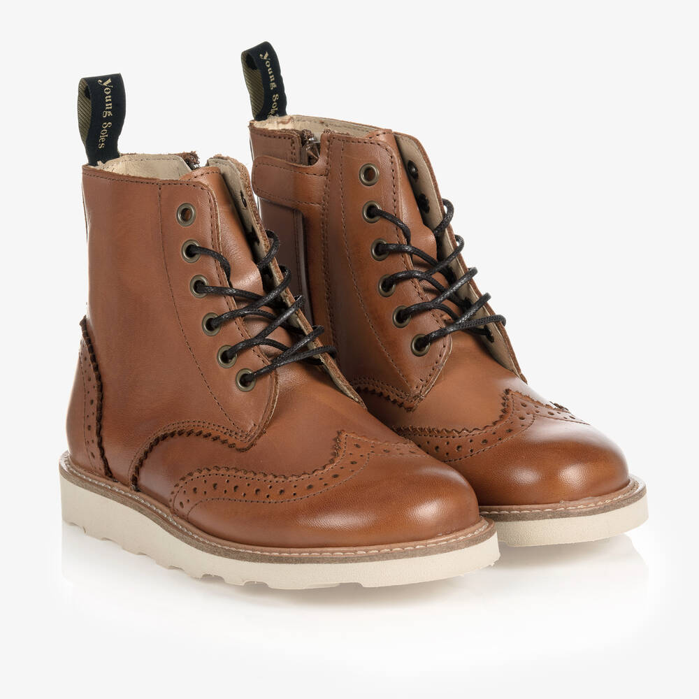 Young Soles - Tan Brown Leather Brogue Boots | Childrensalon