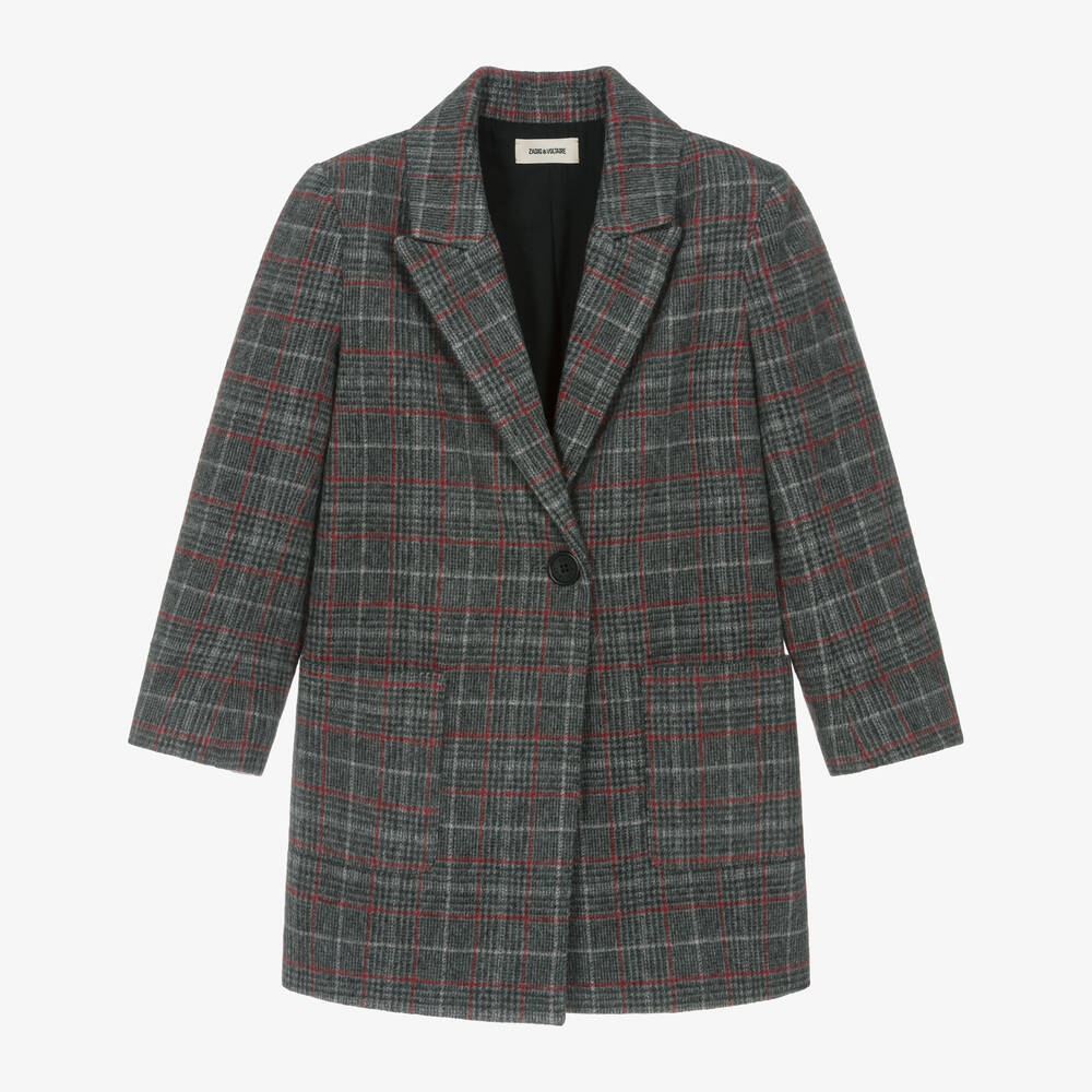 Zadig&Voltaire - Girls Grey & Red Check Coat | Childrensalon