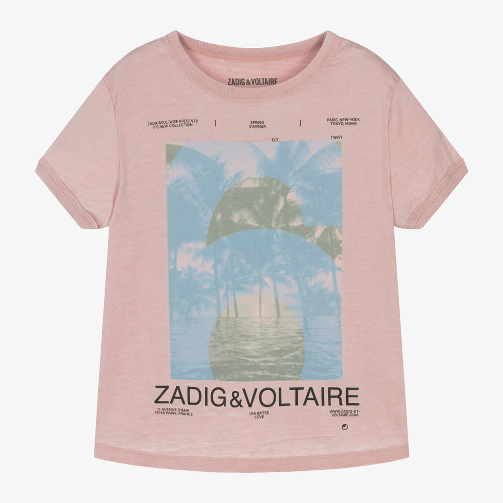 Zadig&Voltaire - Girls Pink Cotton Palm Tree T-Shirt | Childrensalon