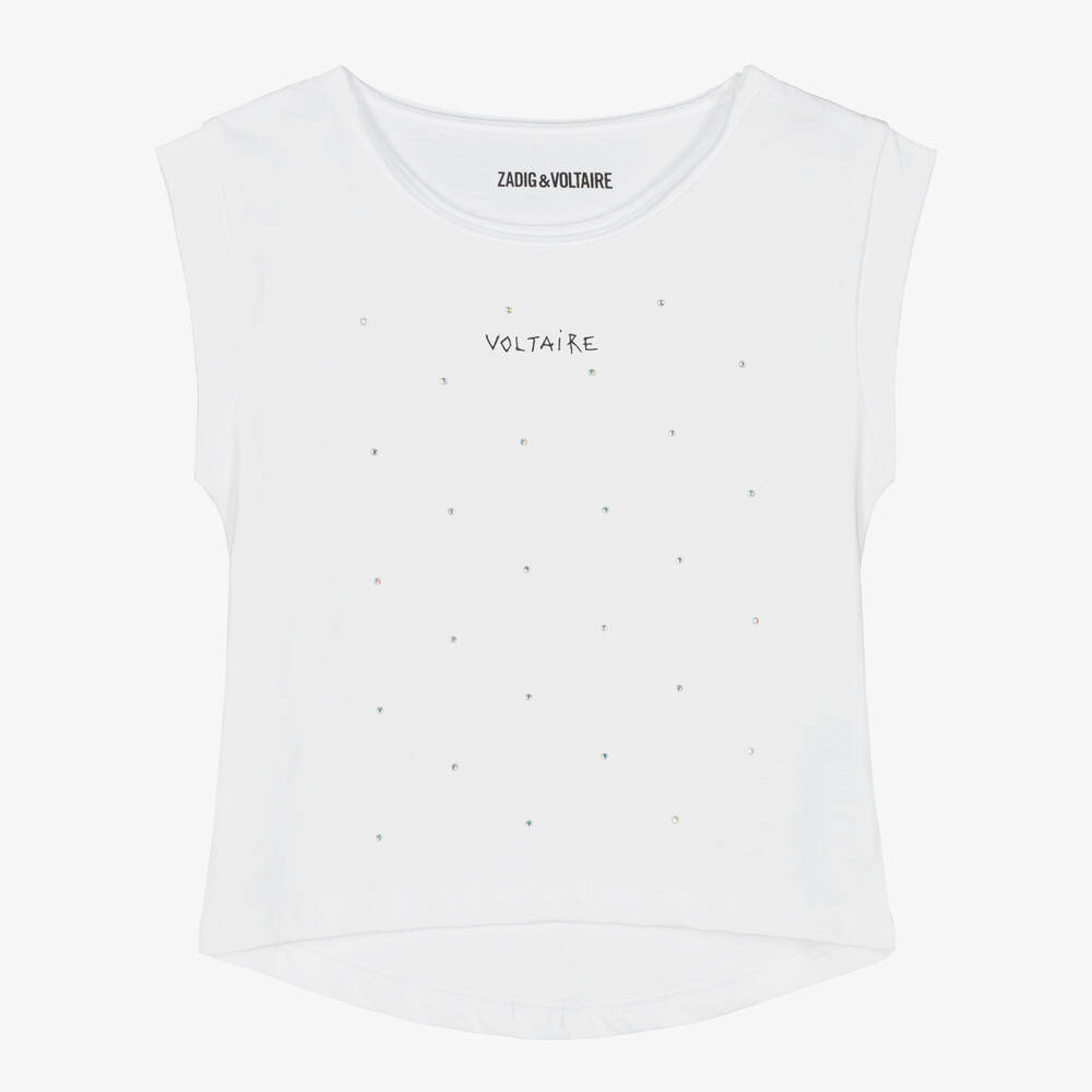 Zadig&Voltaire - Girls White Cotton Rhinestone T-Shirt | Childrensalon