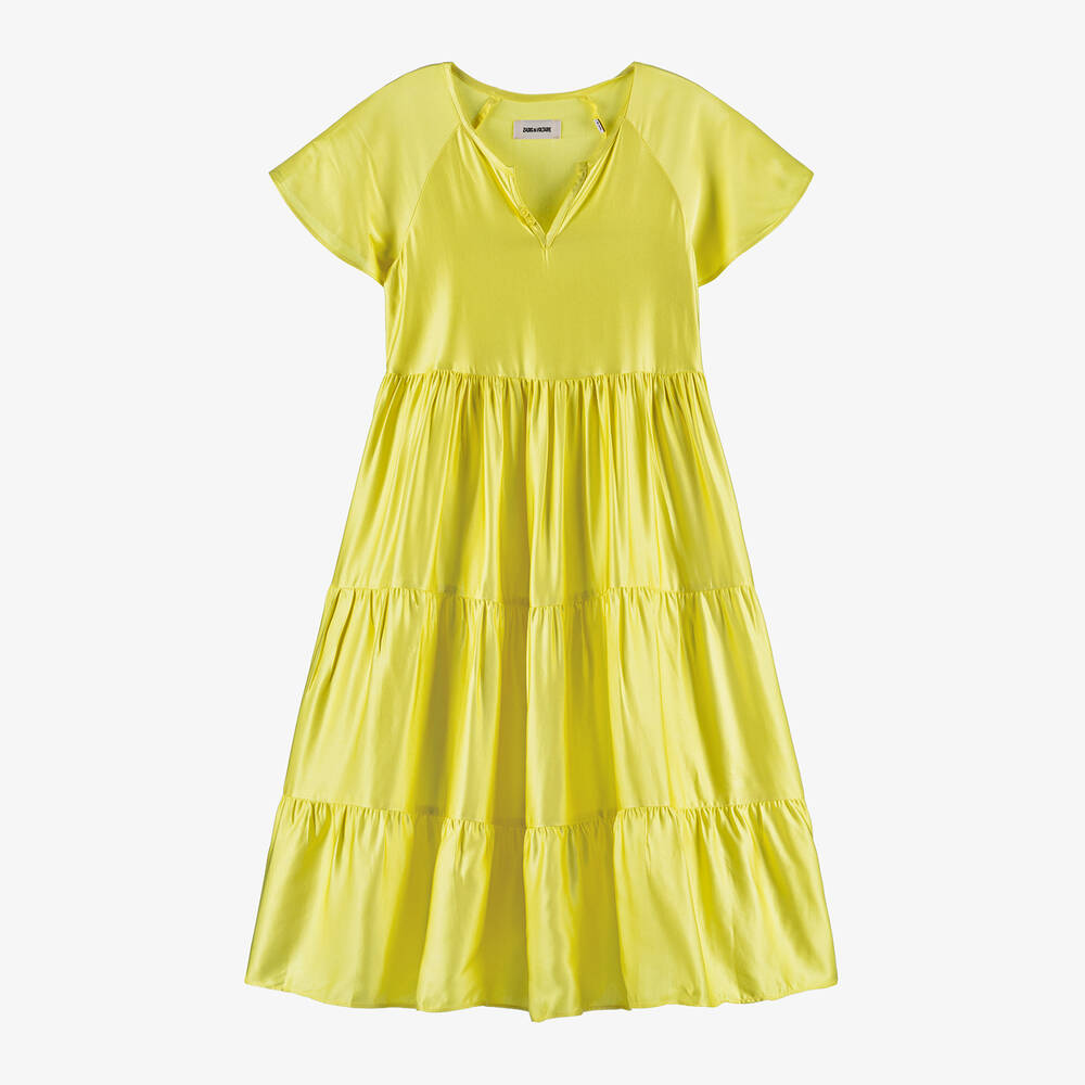 Zadig&Voltaire - Girls Yellow Viscose Satin Tiered Dress | Childrensalon