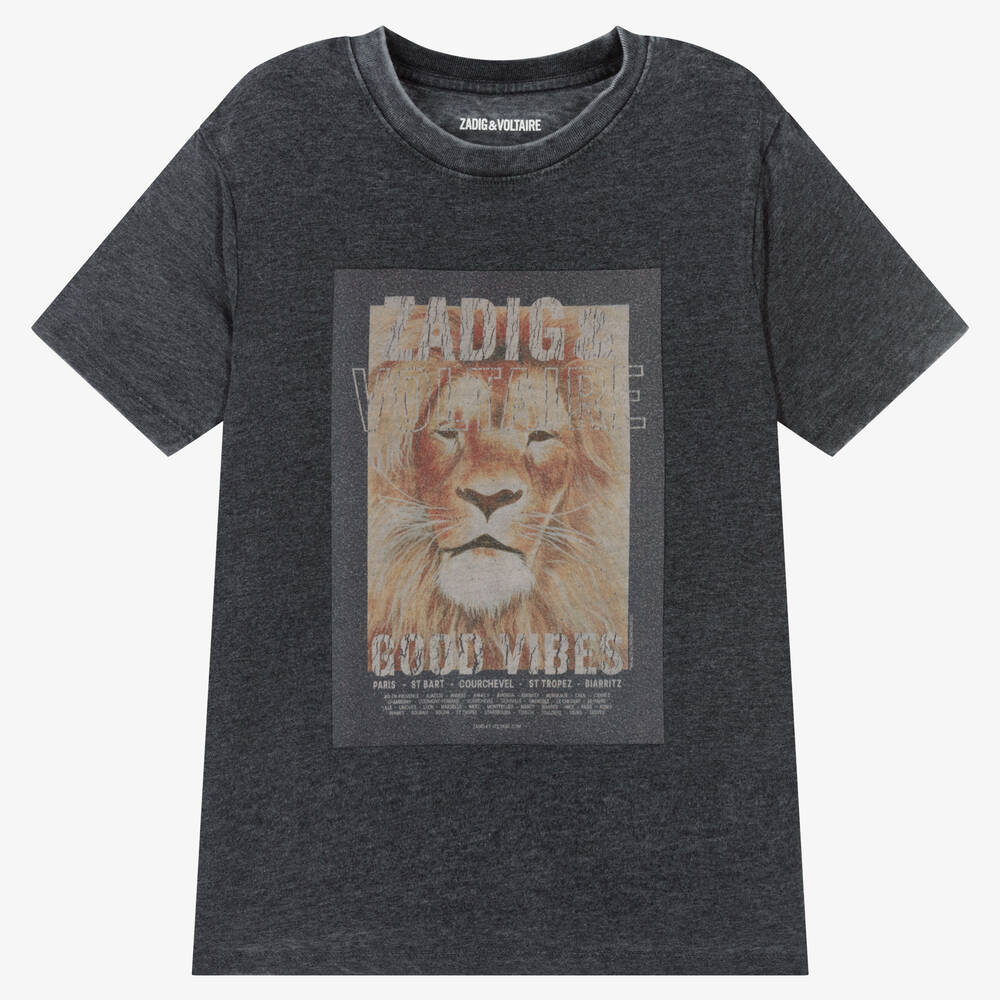 Zadig & Voltaire Teen Boys Grey Lion Graphic T-shirt In Gris Chine