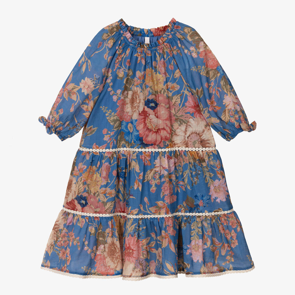 Zimmermann - Синее хлопковое платье с цветами для девочек  | Childrensalon