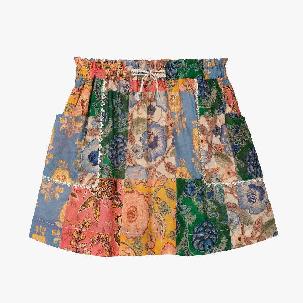 Zimmermann - Girls Blue Floral Patchwork Cotton Skirt | Childrensalon