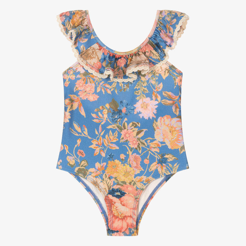 Zimmermann - Girls Blue Floral Print Swimsuit | Childrensalon