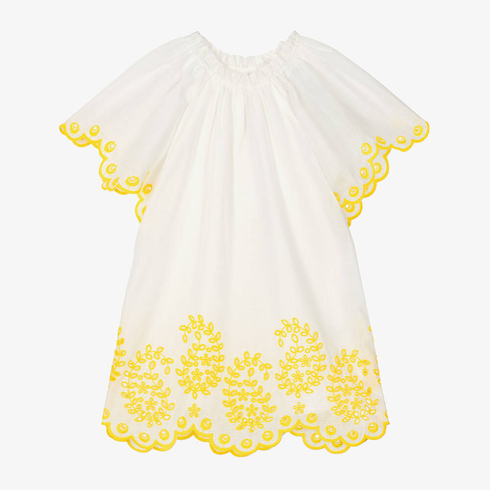 Zimmermann - Кремовое хлопковое платье с желтой вышивкой для девочек | Childrensalon