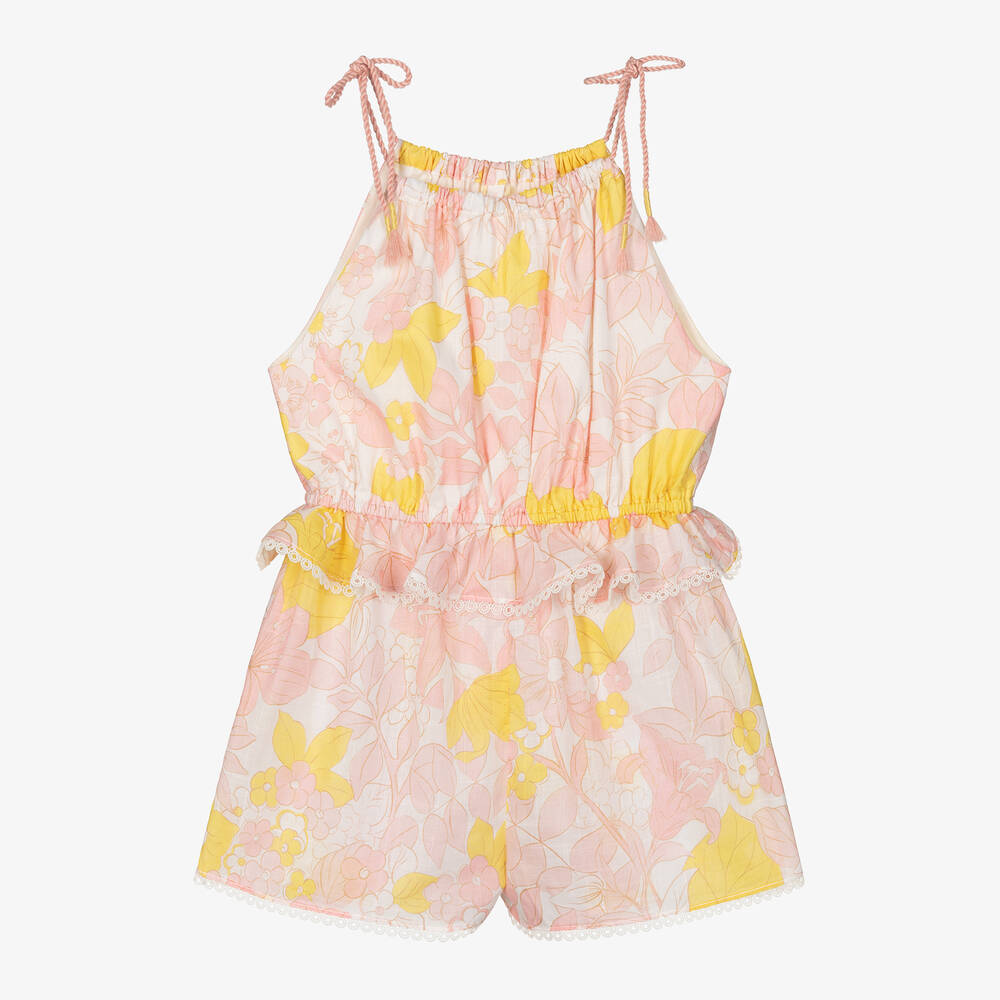 Shop Zimmermann Girls Pink & Yellow Floral Cotton Playsuit