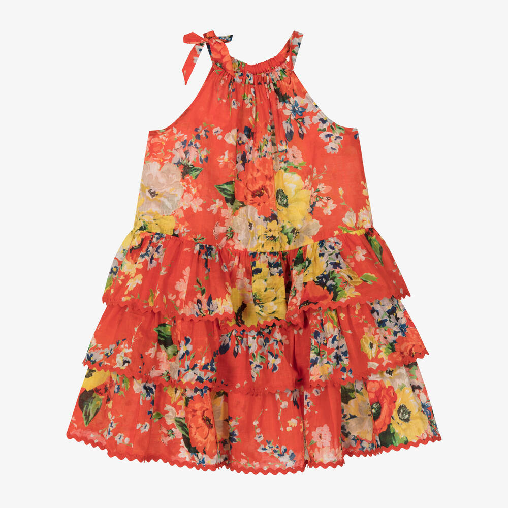 Zimmermann - Girls Red Tiered Floral Dress | Childrensalon
