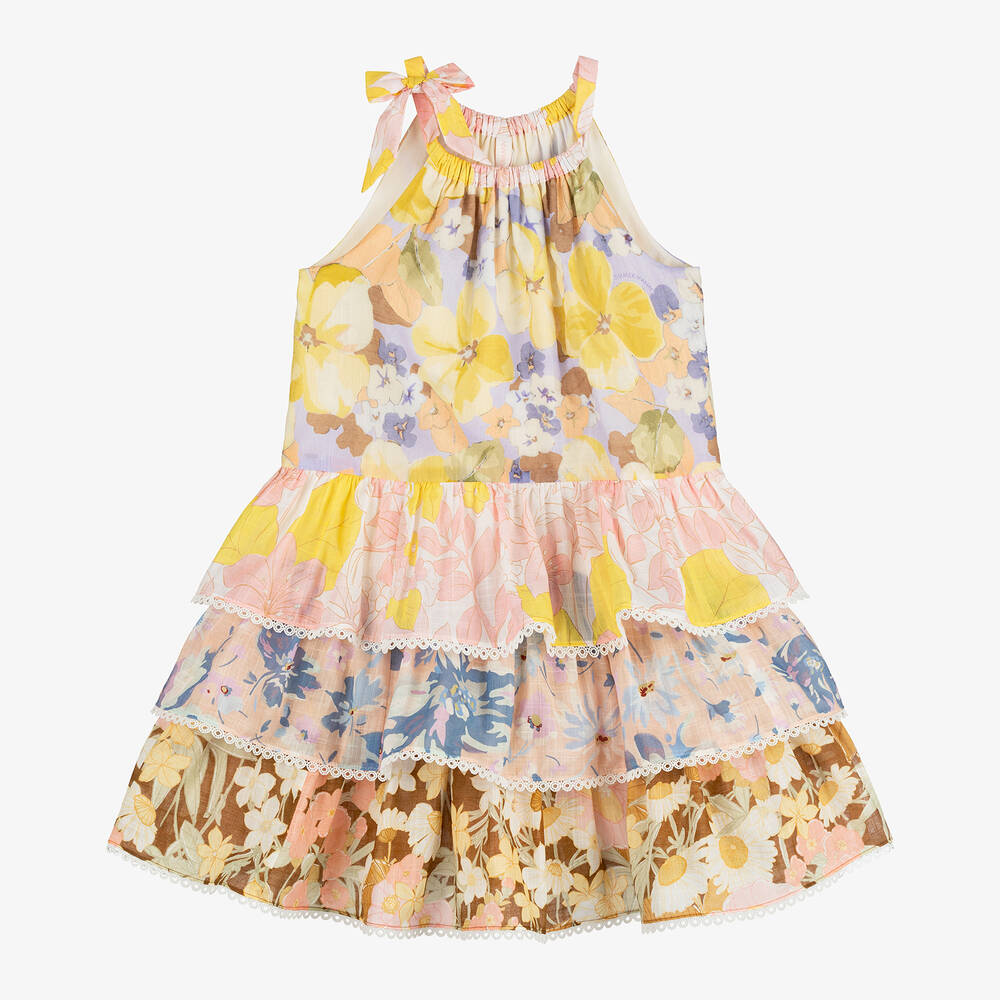Zimmermann - Girls Yellow Floral Cotton Tiered Dress | Childrensalon
