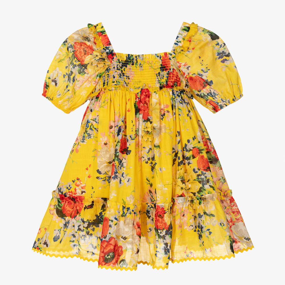 Zimmermann - Желтое присборенное платье из хлопка с цветами | Childrensalon