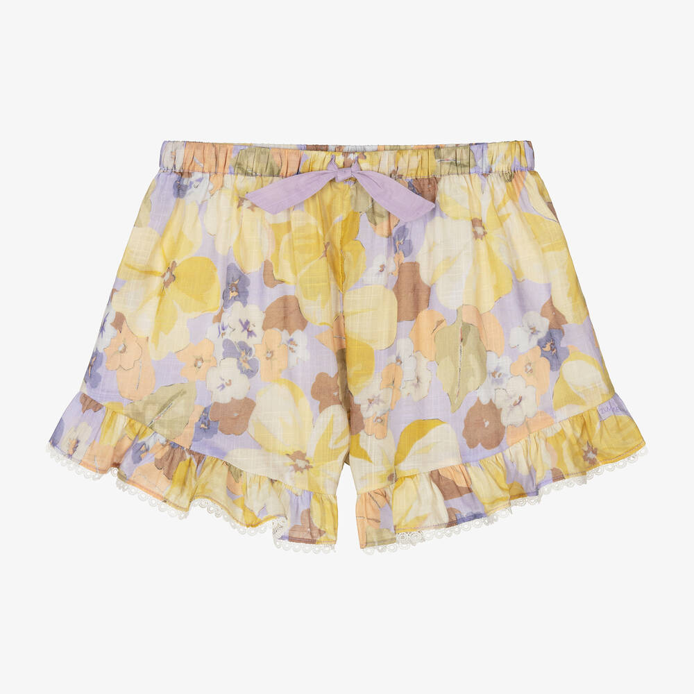 Zimmermann - Girls Yellow & Purple Cotton Floral Shorts | Childrensalon