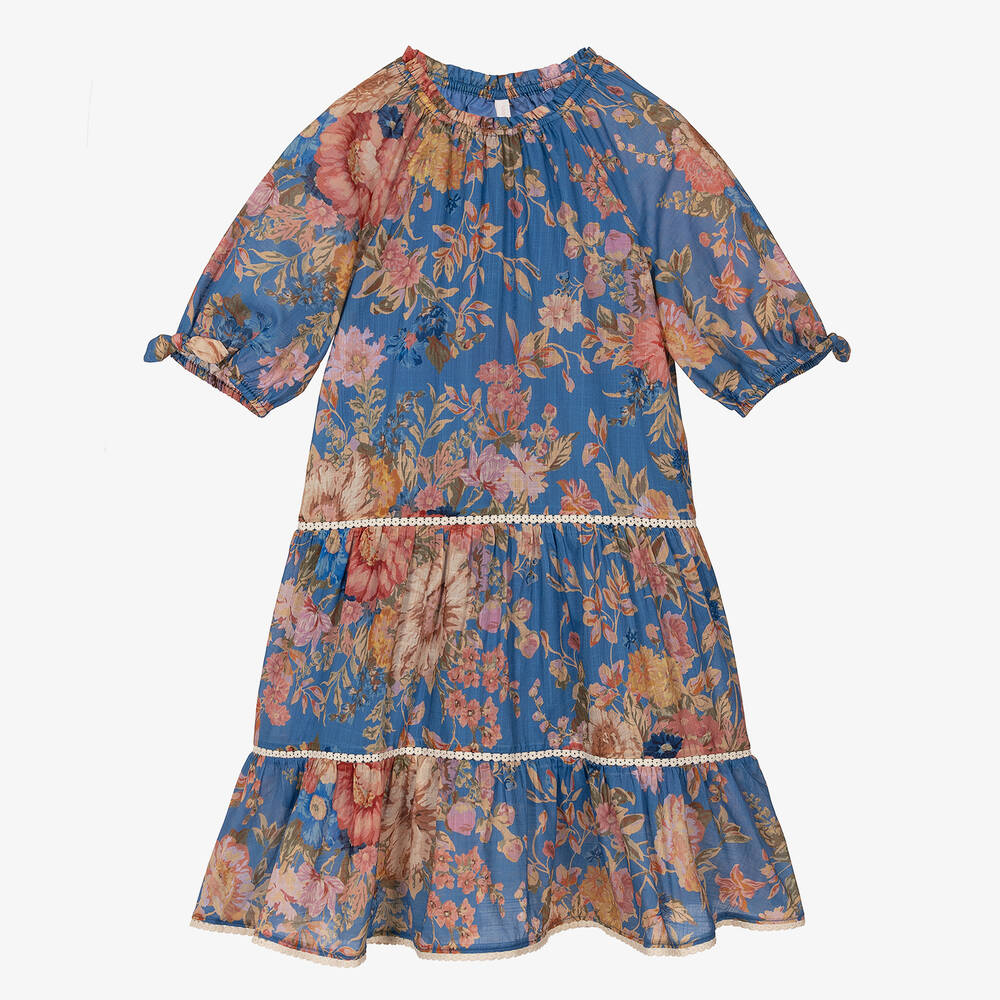 Zimmermann - فستان للمراهقات قطن لون أزرق بطبعة ورود  | Childrensalon