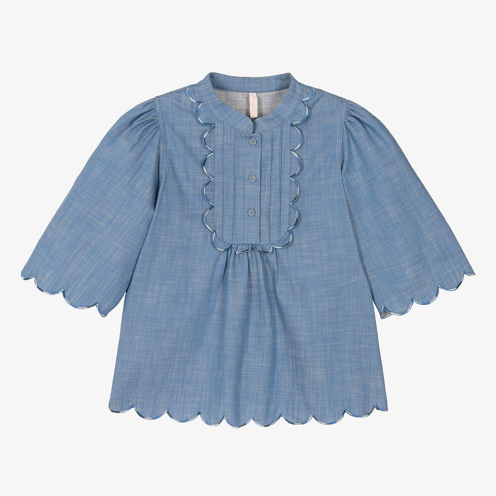 Zimmermann - Голубая блузка из шамбре с фестонами | Childrensalon