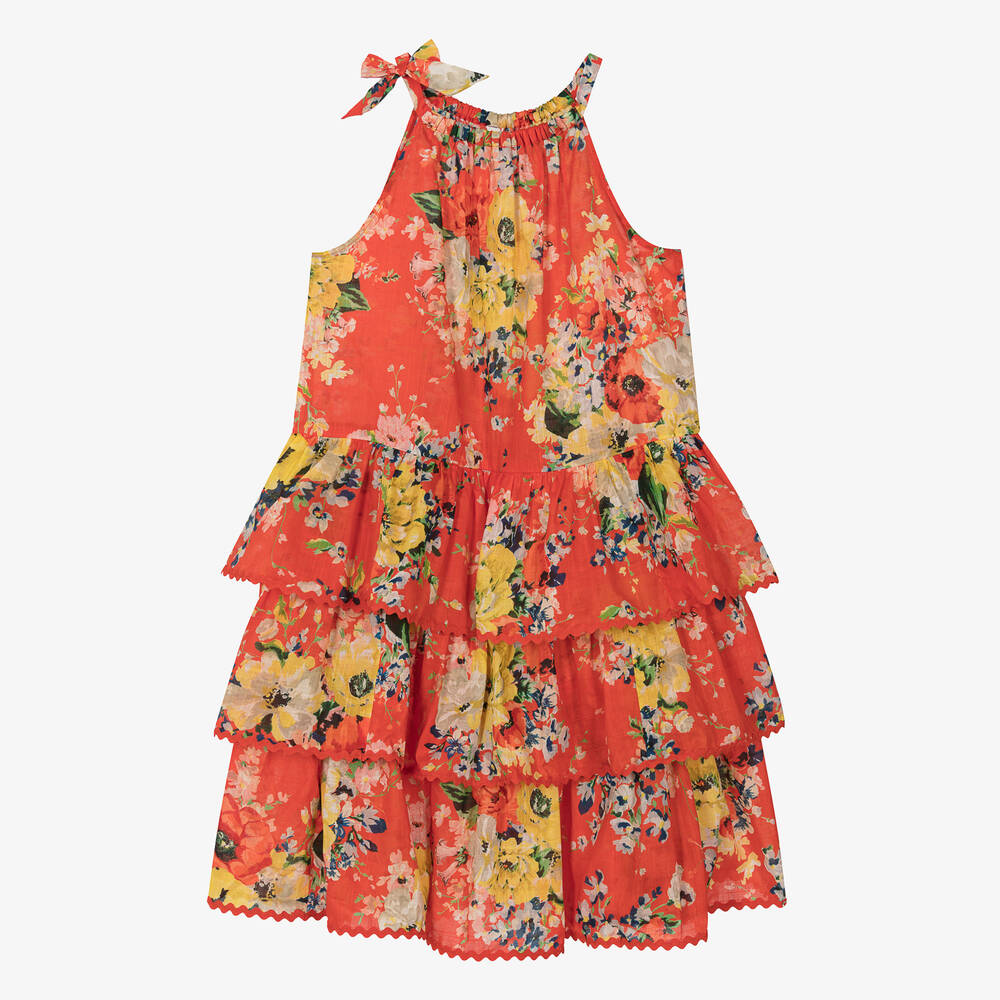 Zimmermann - فستان تينز بناتي قطن لون أحمر بطبعة ورود | Childrensalon