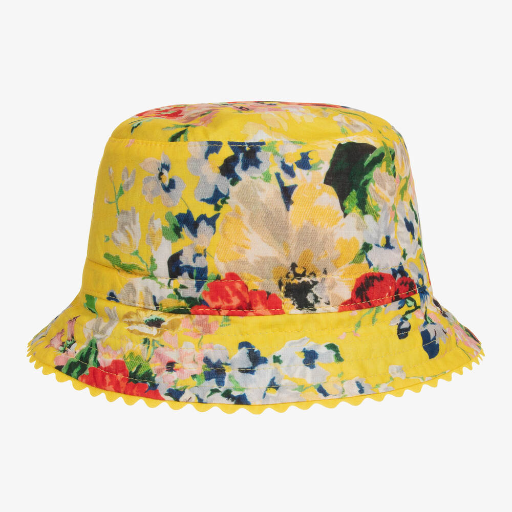 Zimmermann - قبعة بوجهين قطن لون أزرق وأصفر بطبعة ورود للبنات | Childrensalon