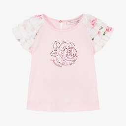 Monnalisa - Girls Pink Cotton Rhinestone Rose T-Shirt | Childrensalon