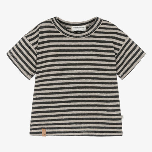 1 + in the family-Boys Beige & Black Stripe Linen T-Shirt | Childrensalon