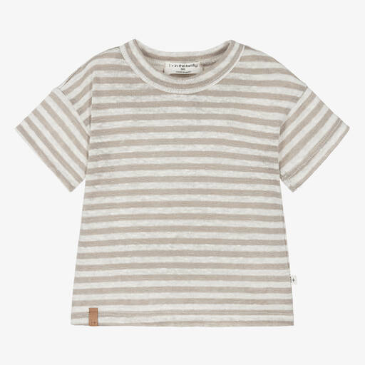 1 + in the family-Boys Beige & Ivory Stripe Linen T-Shirt | Childrensalon